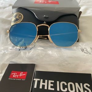 NWT Ray Ban sunglasses. Hexagonal gold and mirror blue lens MIB. Never worn